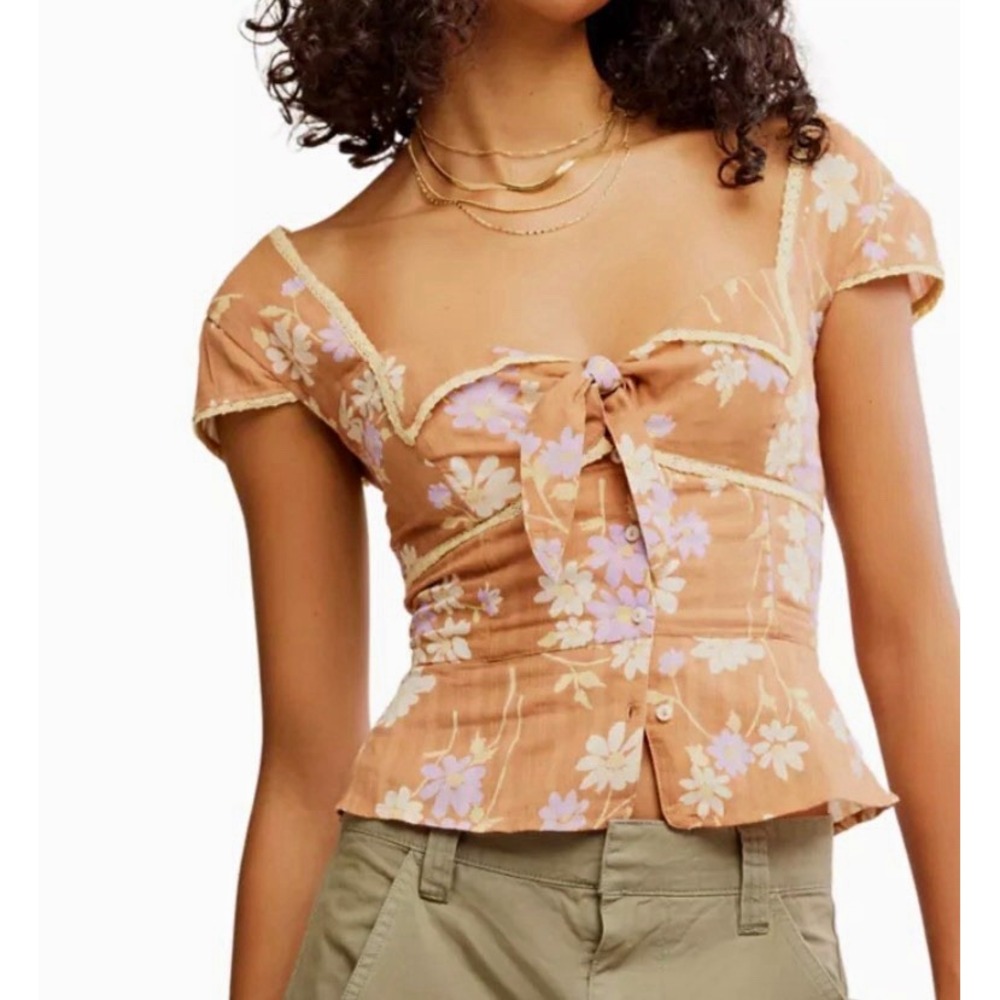 Free People Women's Brown Floral Square Neck Peplum Cotton Button Top L NWT